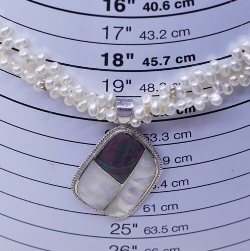 Lucas Lameth LUC Sterling 925 Silver Mop Abalone Pendant W/ Pearl Beads Necklace