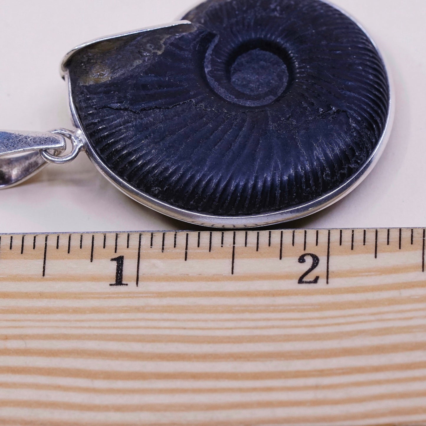 VTG Mexico Sterling silver handmade pendant, 925 frame w/ brass fossil shell