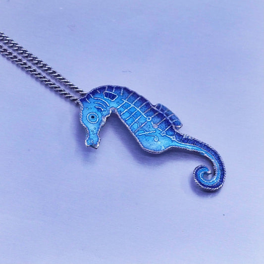 16+2”, Sterling 925 silver curb chain necklace with enamel seahorse pendant