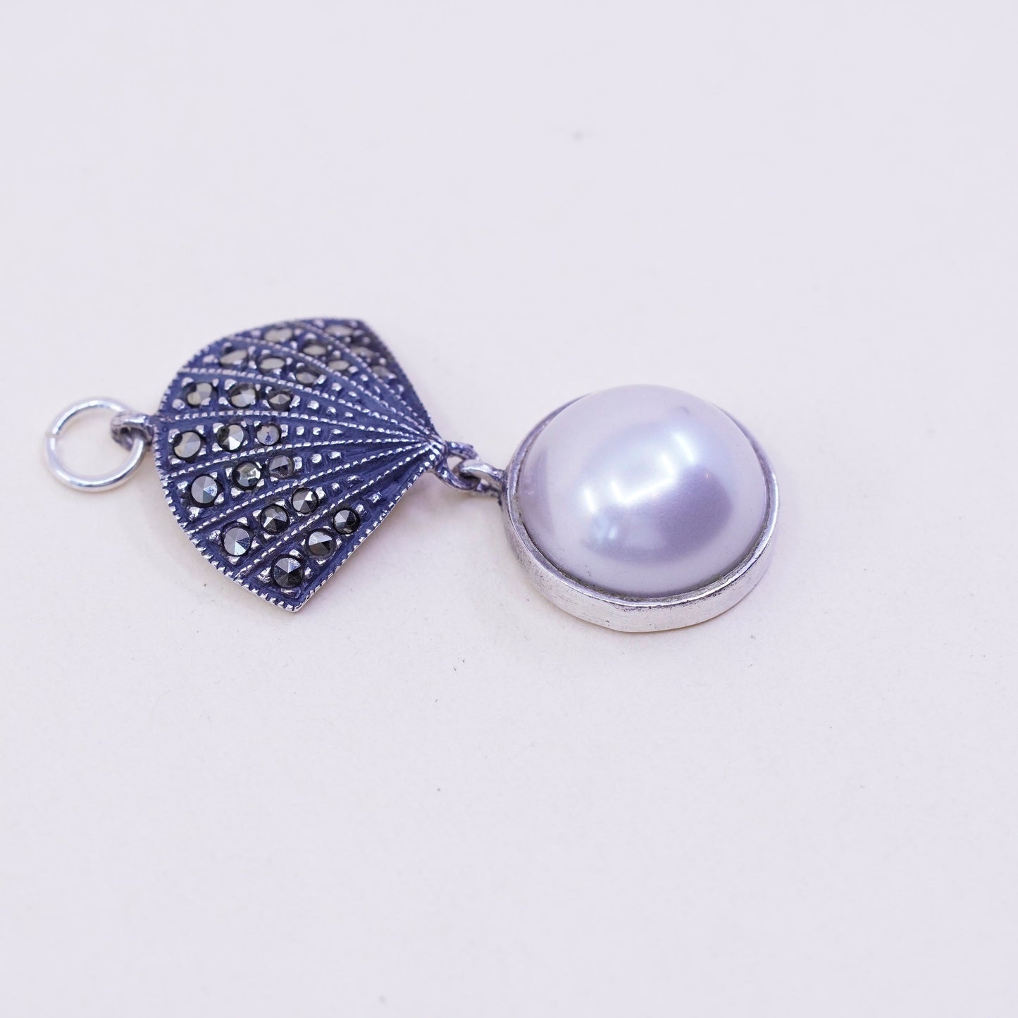 vtg Judith Jack sterling 925 silver handmade teardrop pendant pearl marcasite