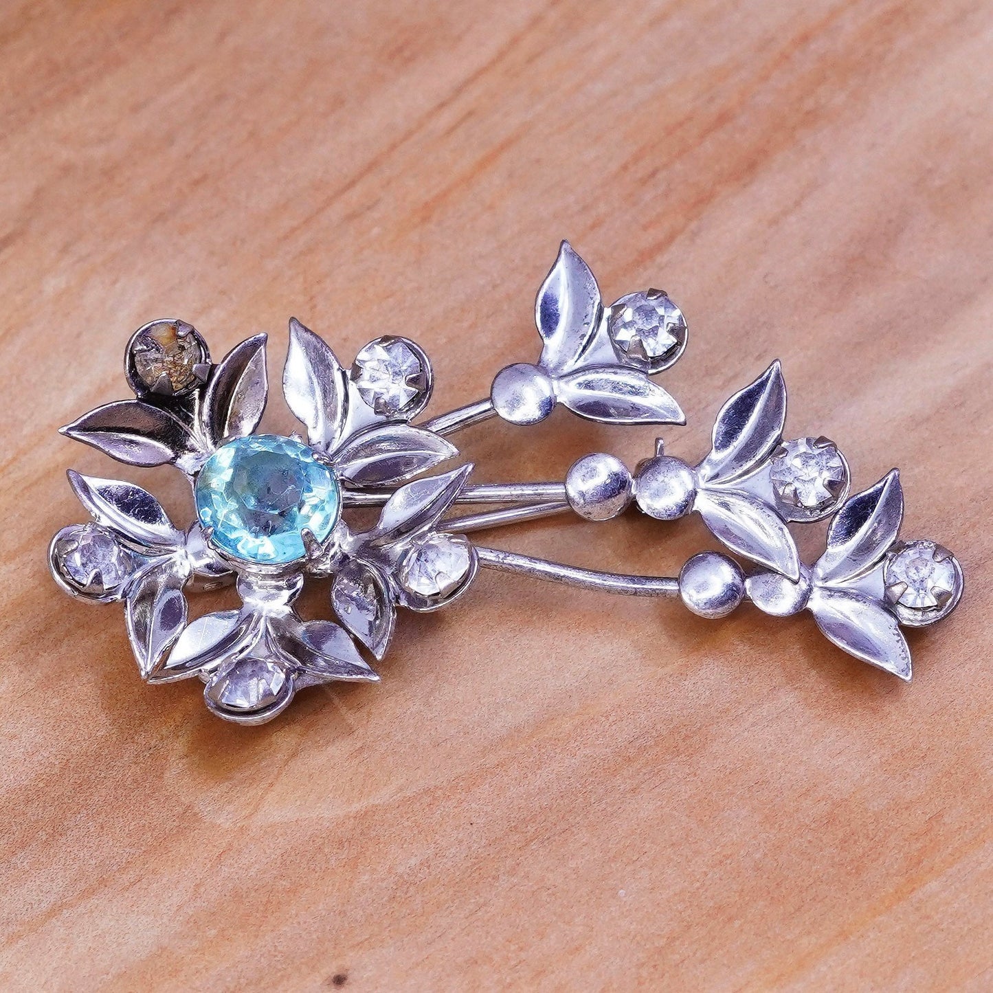 Vintage Art Deco handmade sterling 925 silver flower brooch with blue Crystal