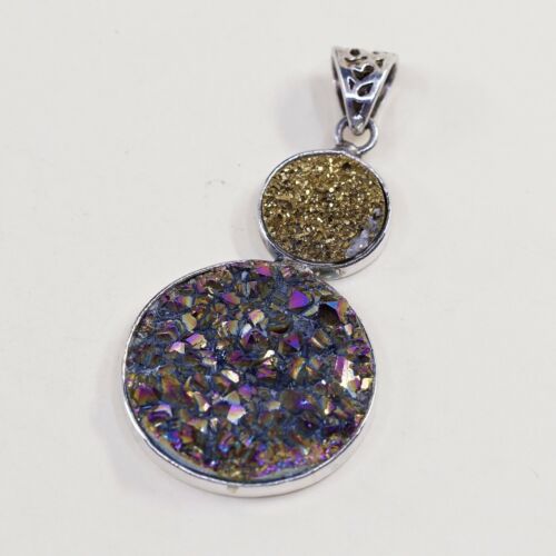 Vintage Sterling Silver Handmade Pendant, 925 Silver W/ Gold Metallic Druzy