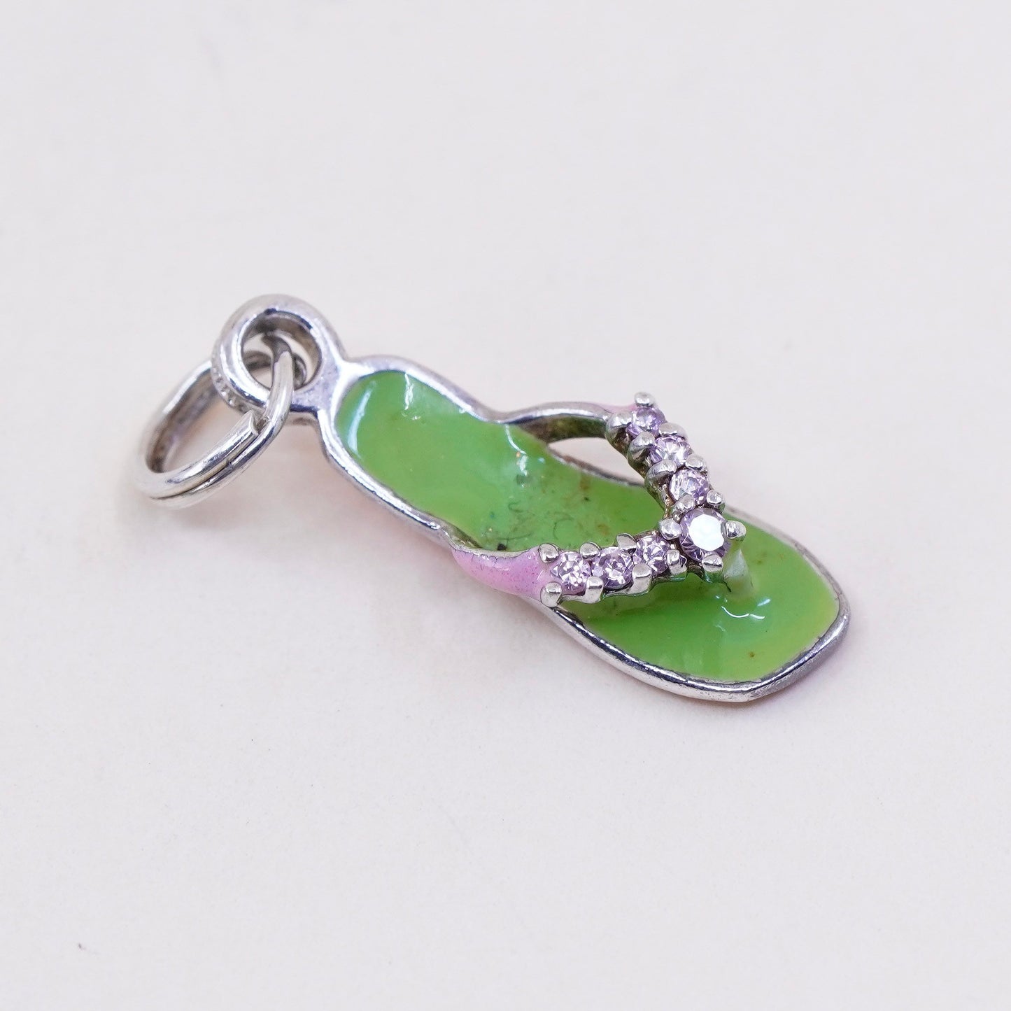 Vintage Sterling silver handmade pendant, 925 green enamel sandal with cz strap