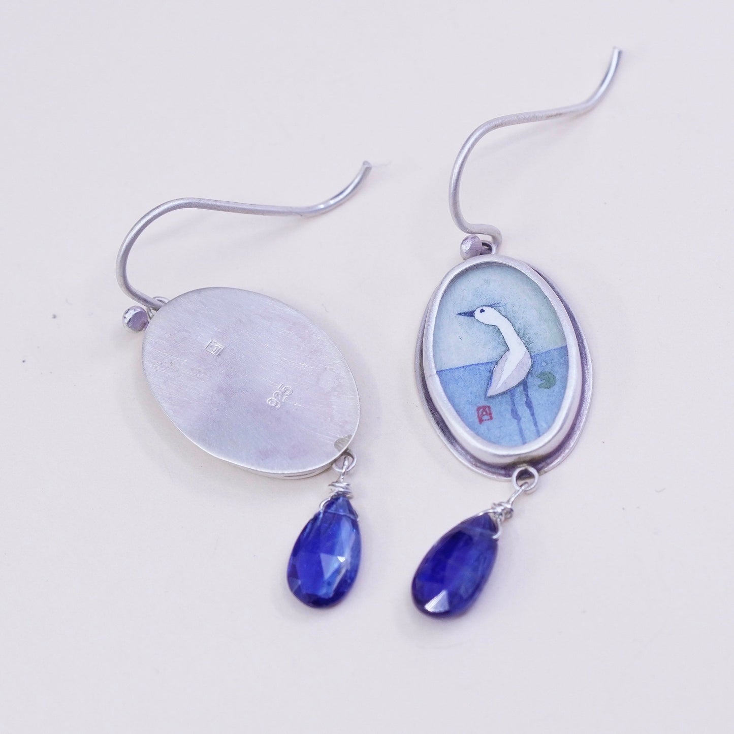 Designer Ananda KHALSA Sterling 925 silver handmade earrings, watercolor white bird Crane in water and kyanite, stamped 925 A