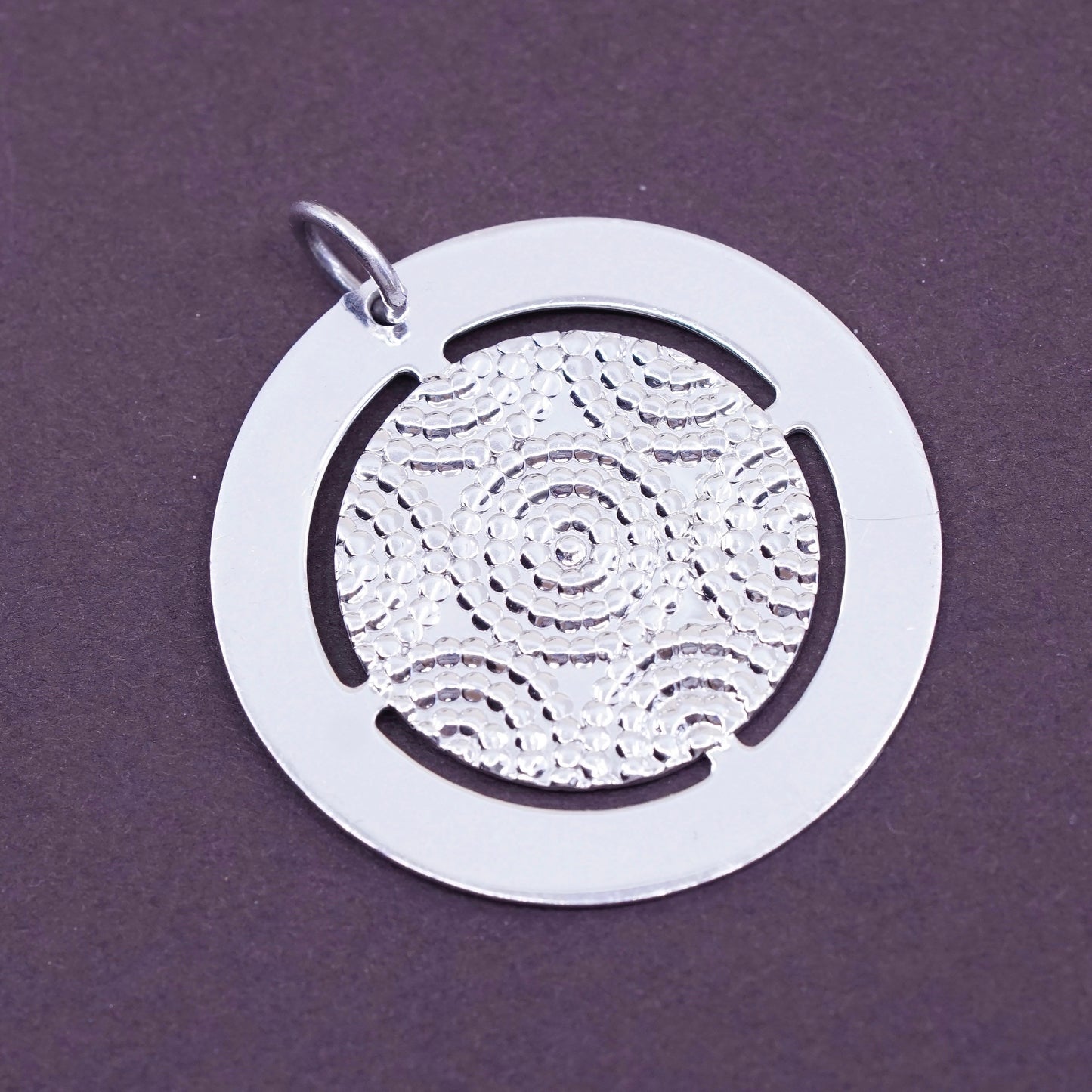 Vintage Sterling silver handmade pendant, 925 silver textured circle tag