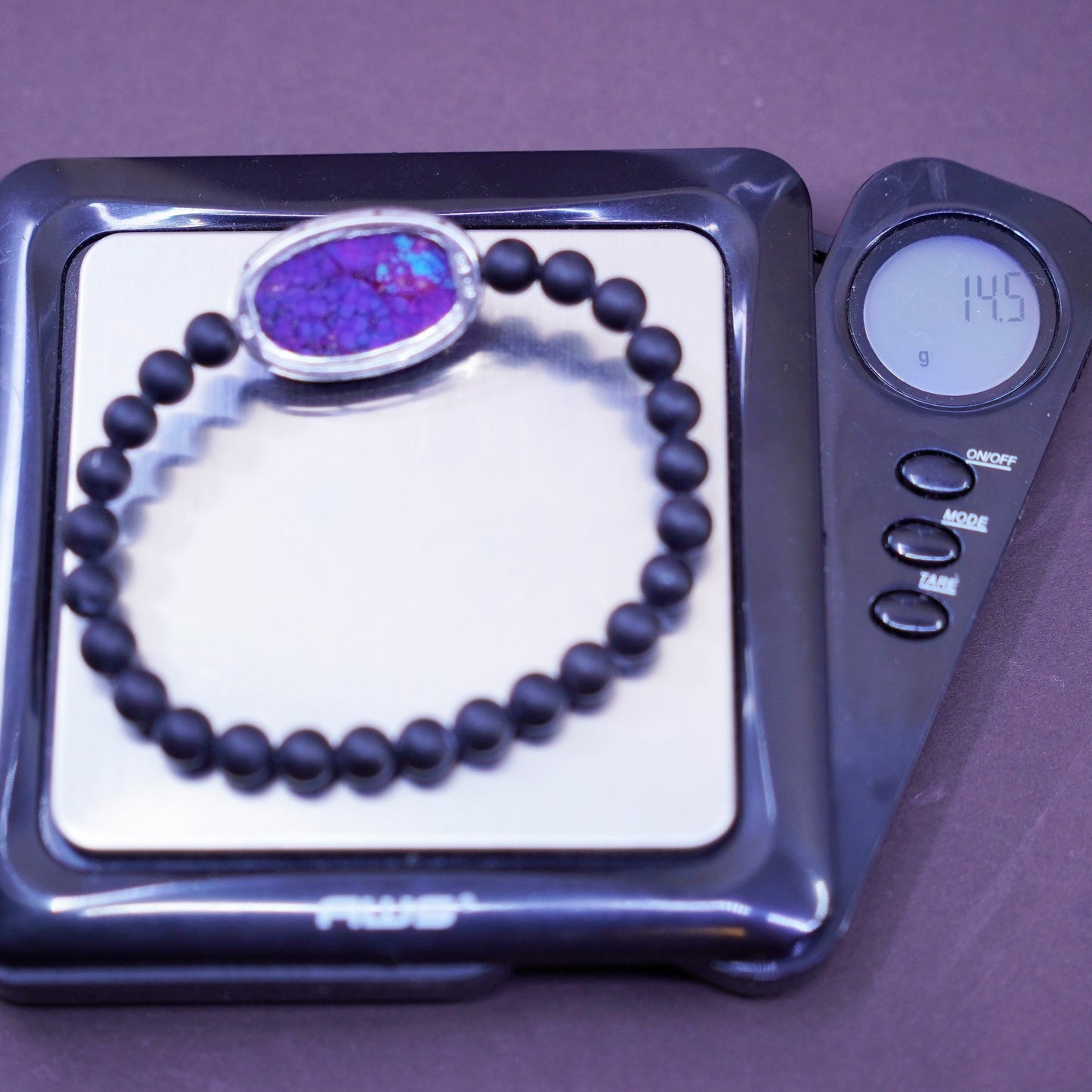 6.5”, Vintage Sterling silver handmade bracelet purple turquoise obsidian beads