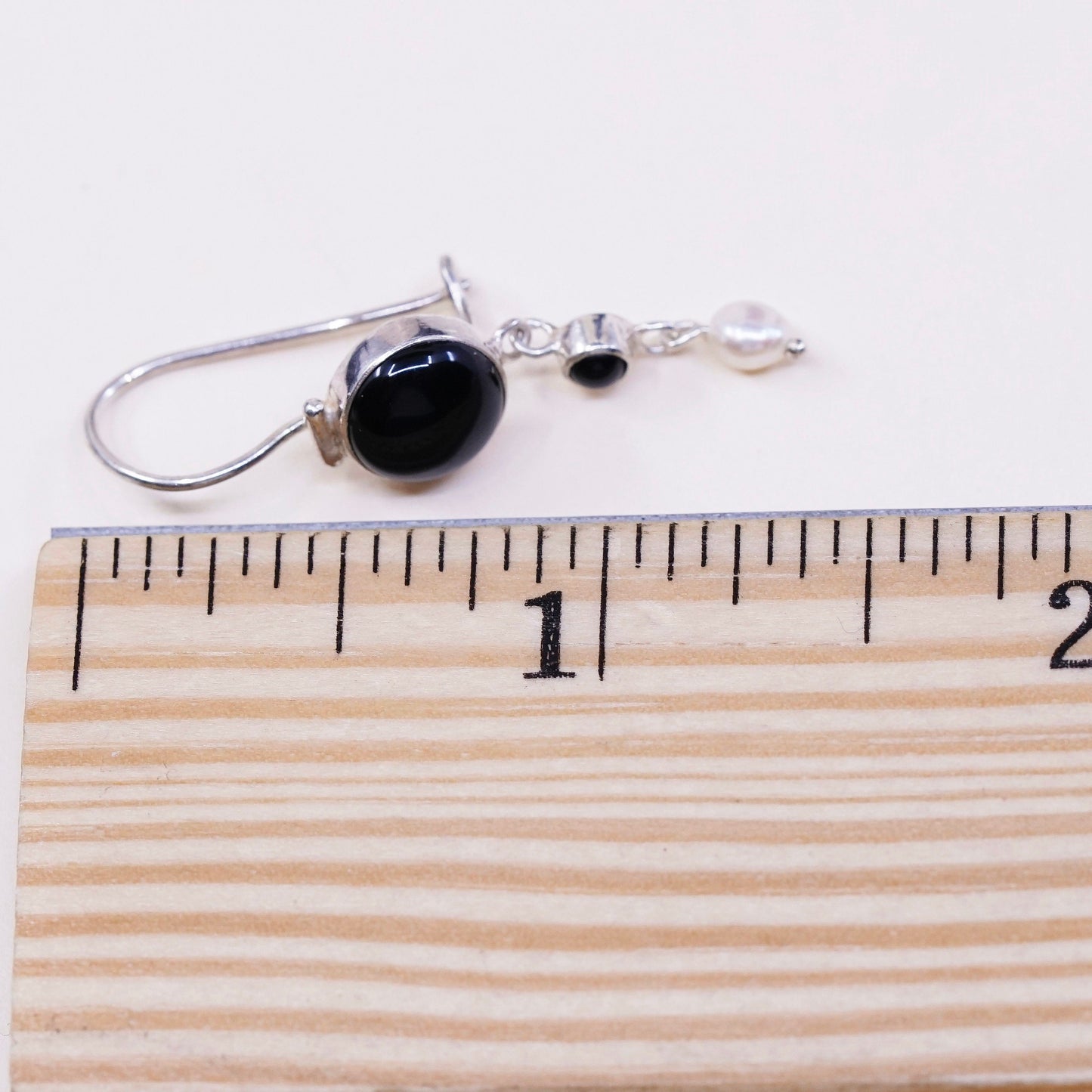 vtg Sterling silver handmade earrings, 925 w/ obsidian and pearl drops, elegant