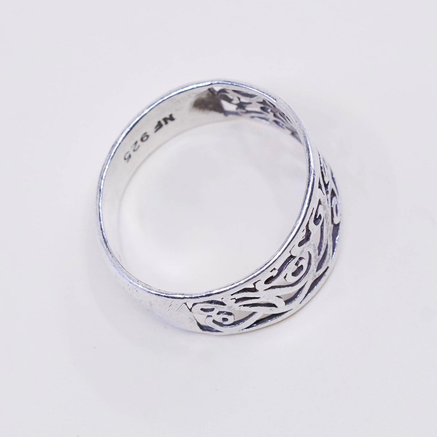 Size 7.25, vintage sterling silver handmade ring, 925 band with whirl filigree
