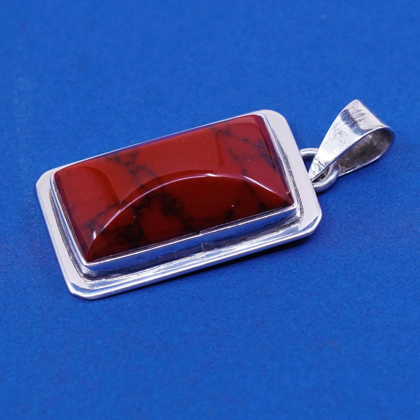 Vintage mexico sterling silver handmade pendant, 925 w/ square red bloodstone