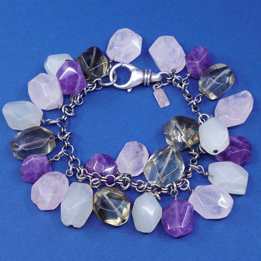 7", peyote bird sterling silver handmade bracelet amethyst pink quartz peridot