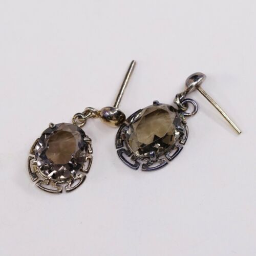 Vtg Gold STERLING 925 SILVER earrings with Smoky Crystal dangles, Silver Tested