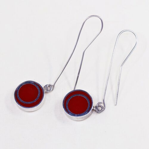 Signed TEGO & Co Sterling Silver Red Lucite Round Modernist Long Hook Earrings