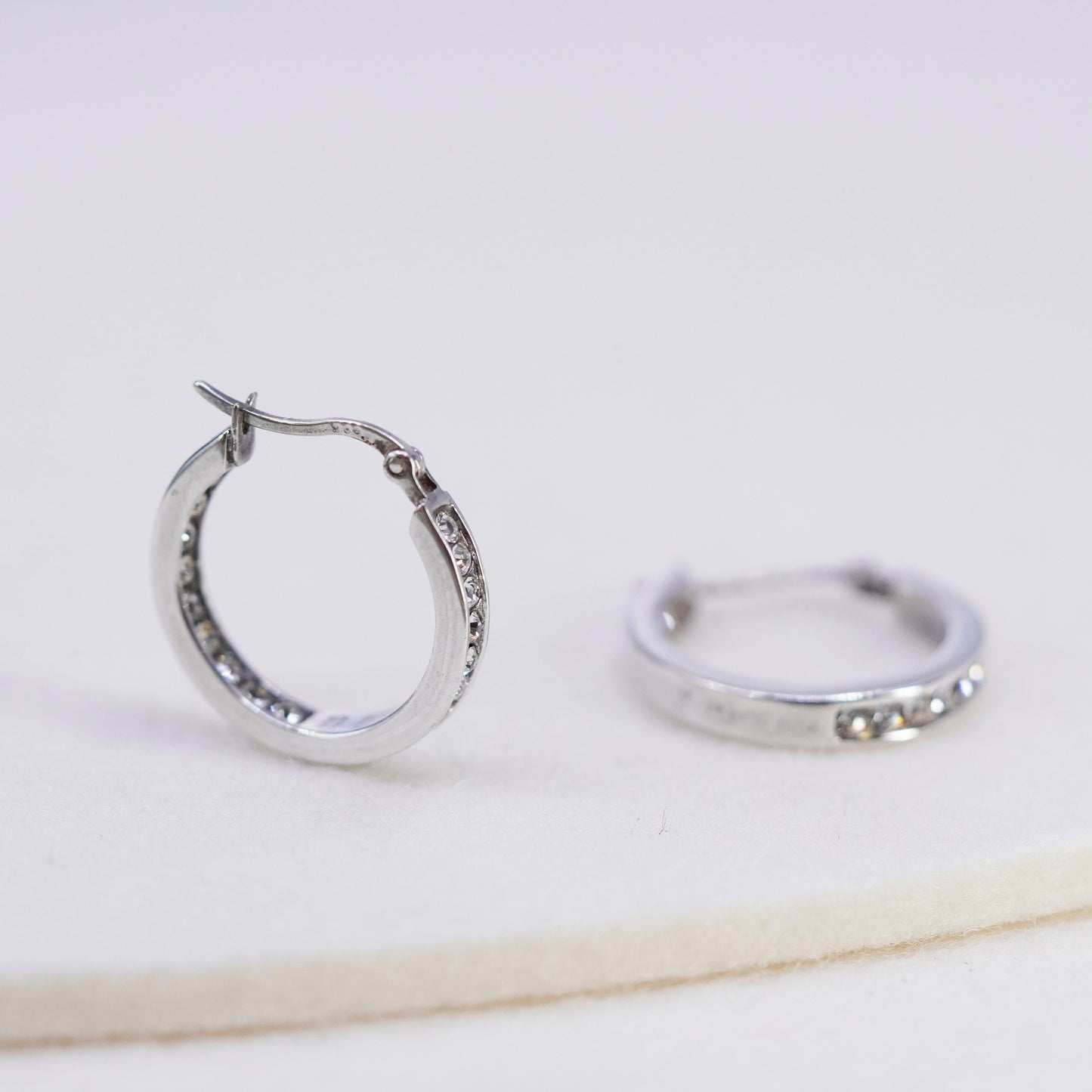 0.75”, vintage Sterling silver handmade earrings, 925 Huggie hoops with Cz