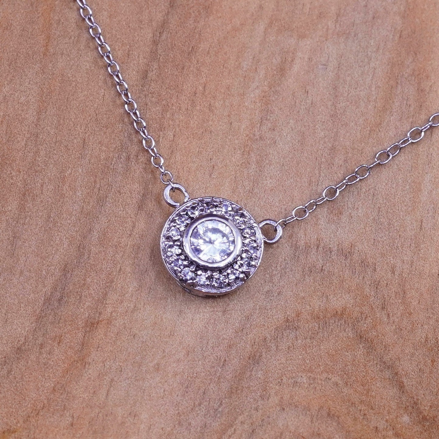 16”, vintage Sterling silver necklace, 925 circle chain with Cz pendant