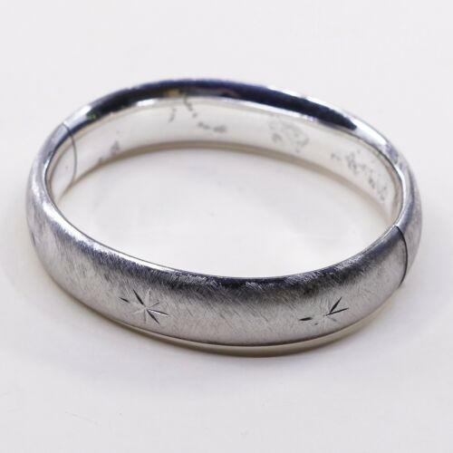 7.25”, Eton Hollow Sterling 925 Silver Hinged Bangle W/ Star Pattern N Matt Surf