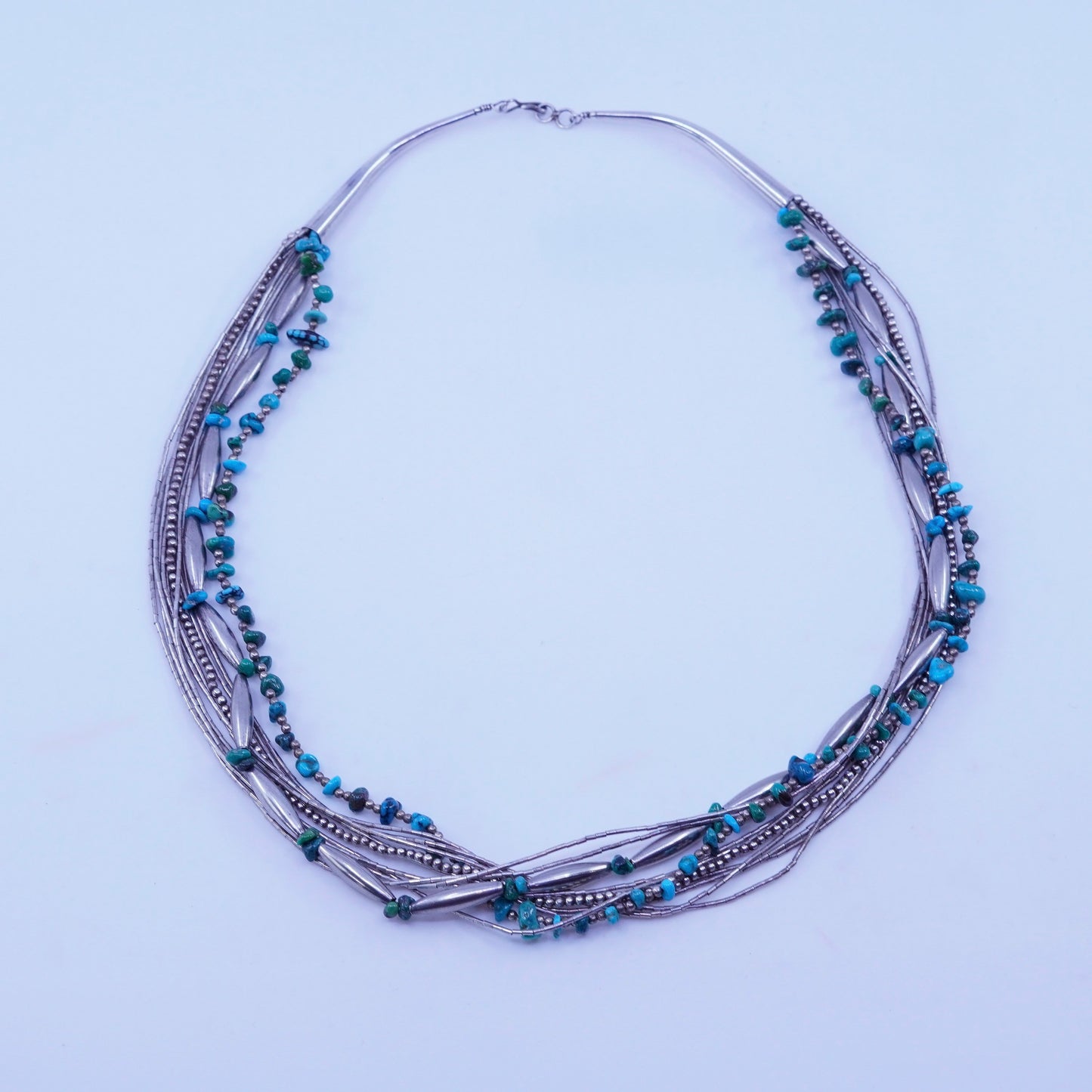 22”, liquid Sterling 925 silver multi strand necklace Native American turquoise