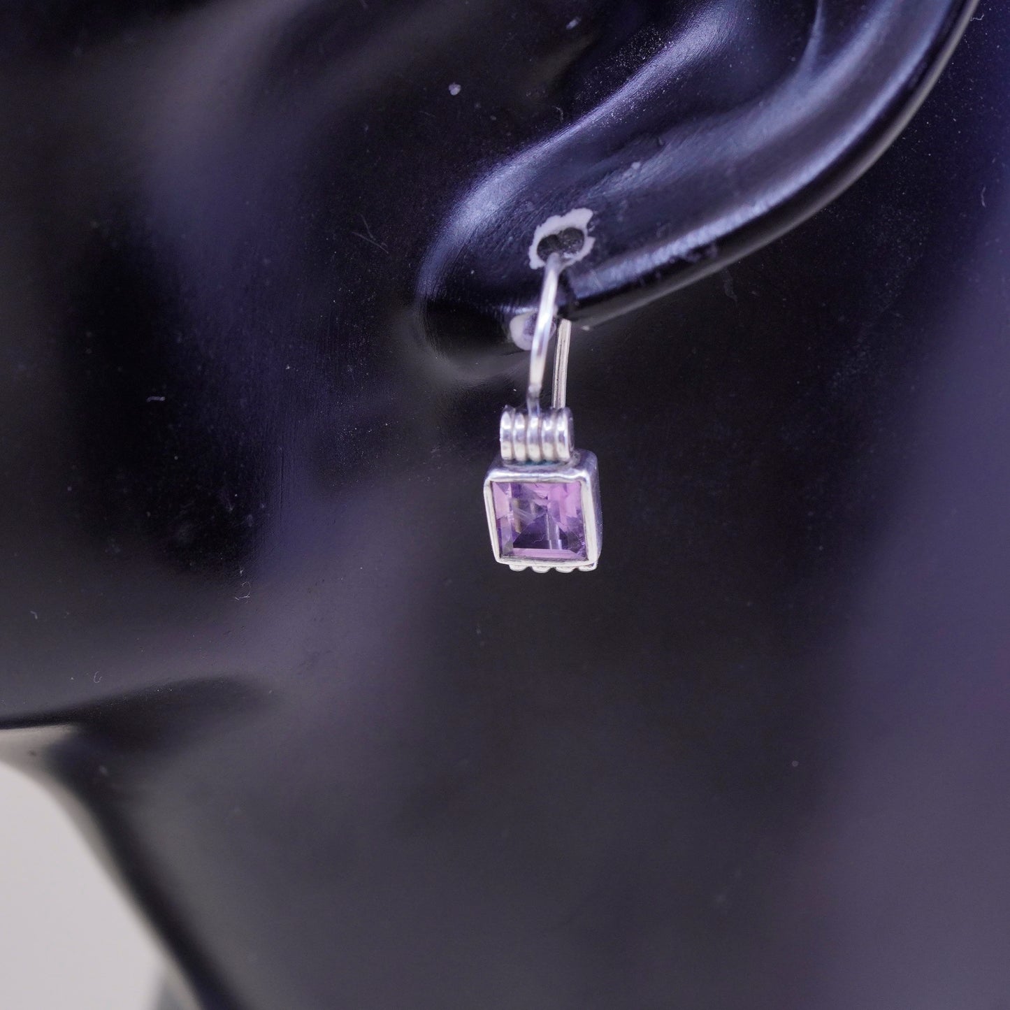 Vintage sterling silver handmade earrings, 925 with square amethyst drops