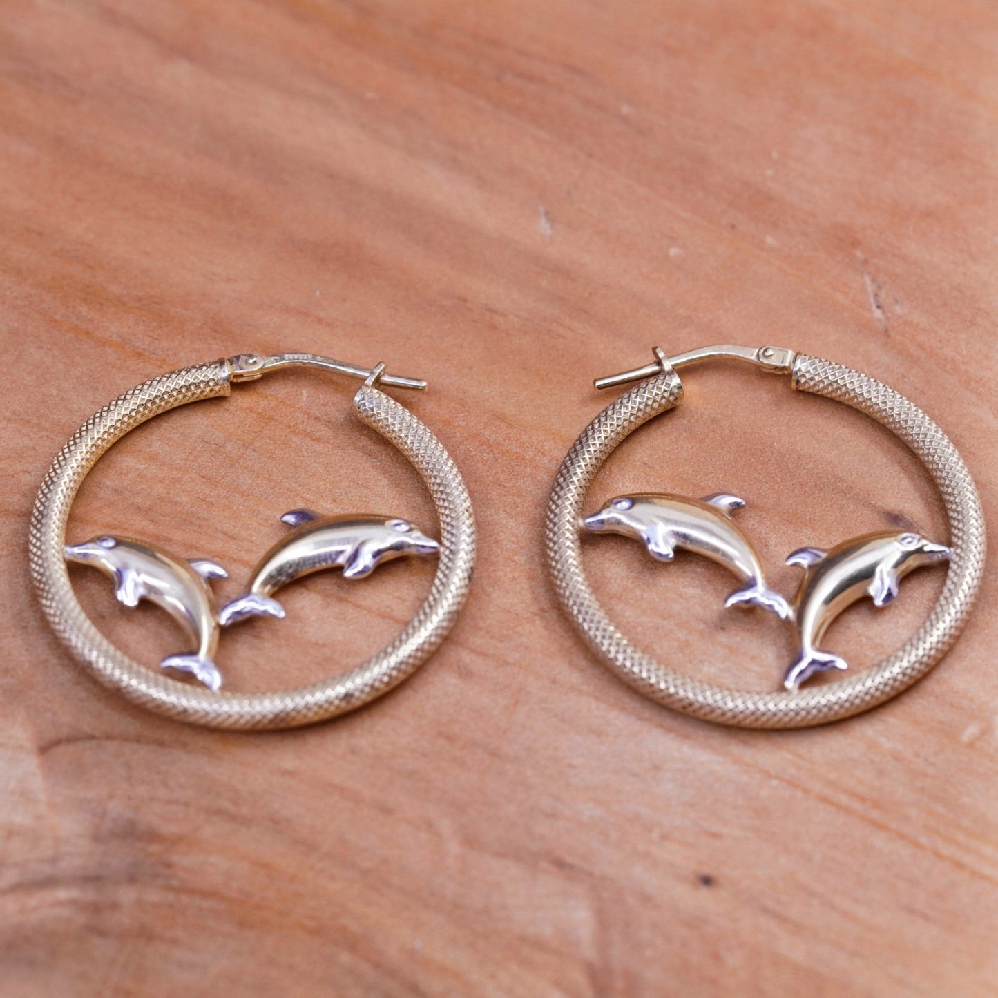 1.25”, Vintage Jordan vermeil gold Sterling silver earrings, 925 hoops dolphins