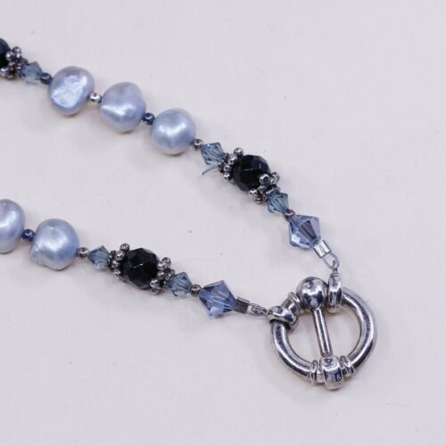 16” Handmade Sterling 925 Silver pearl Necklace W/ Obsidian Moonstone Pendant