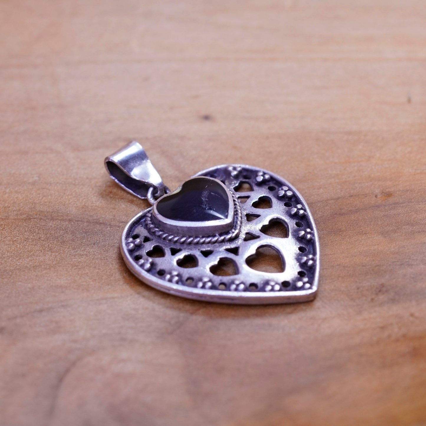 BONA Sterling 925 silver handmade heart pendant with obsidian and filigree