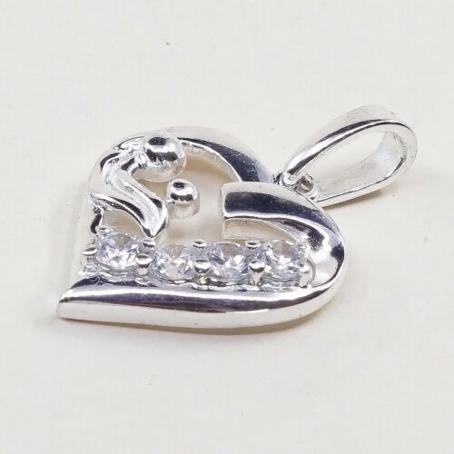 Vintage Sterling Silver Heart Pendant W/ Cz Details, Solid 925 Silver Charm