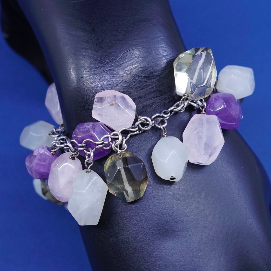 7", peyote bird sterling silver handmade bracelet amethyst pink quartz peridot