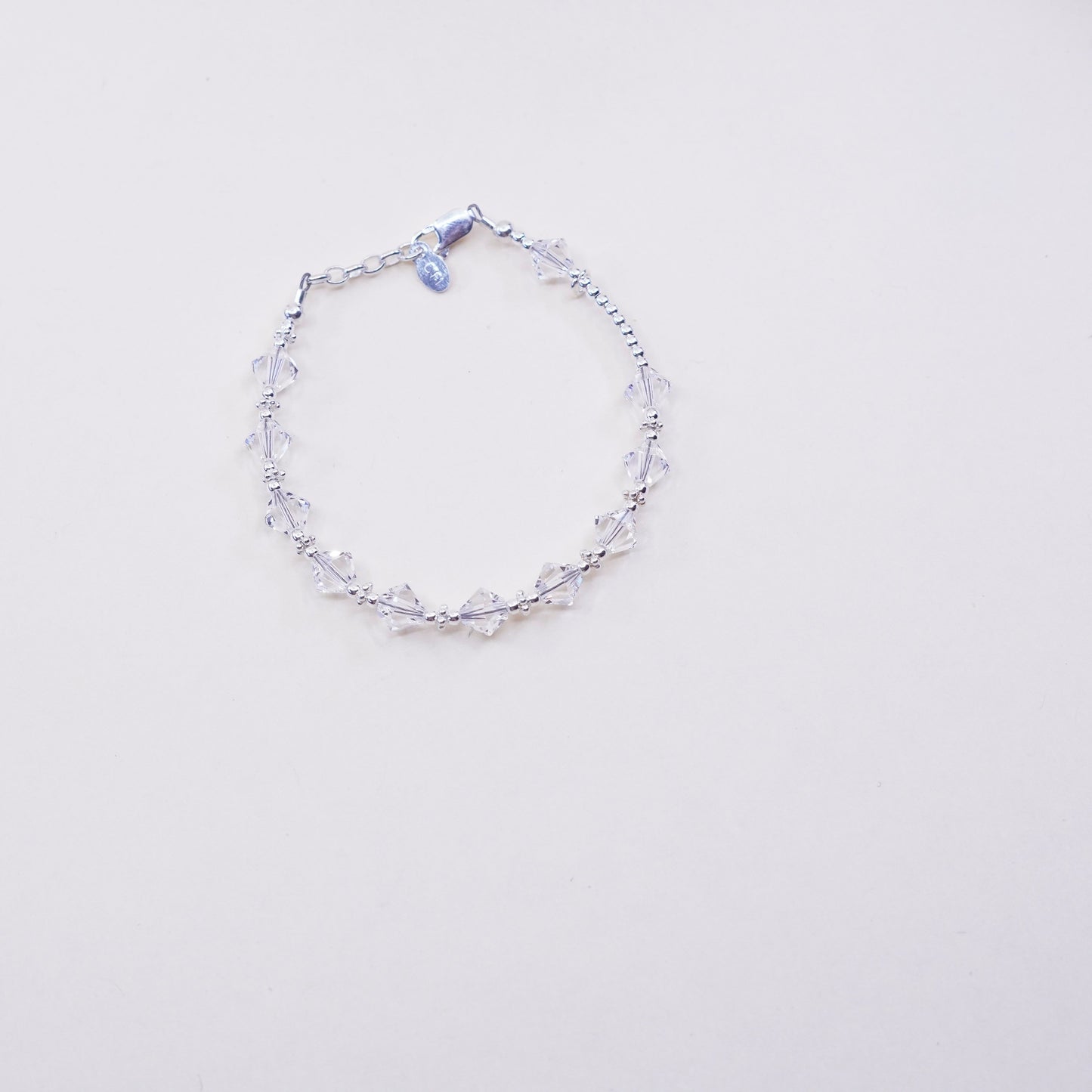6”, vintage sterling silver handmade bracelet, 925 beads with crystal