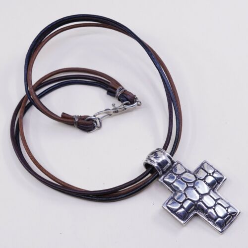 16”, Vtg Sterling 925 Silver Handmade Cross Pendant W/ BROWN Leather Necklace