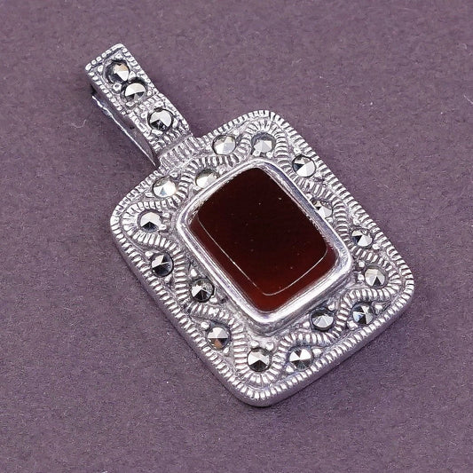 VTG Sterling silver handmade double sided pendant 925 w/ carnelian N marcasite