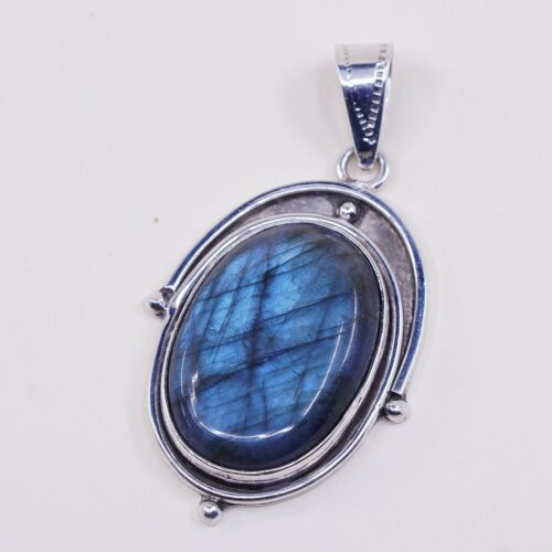 Vtg Sterling Silver Handmade Teardrop Pendant With Labradorite, Stamped 925