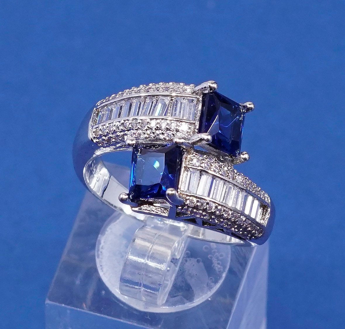 sz 9.25, Sterling 925 silver handmade ring w/ sapphire cluster cocktail ring