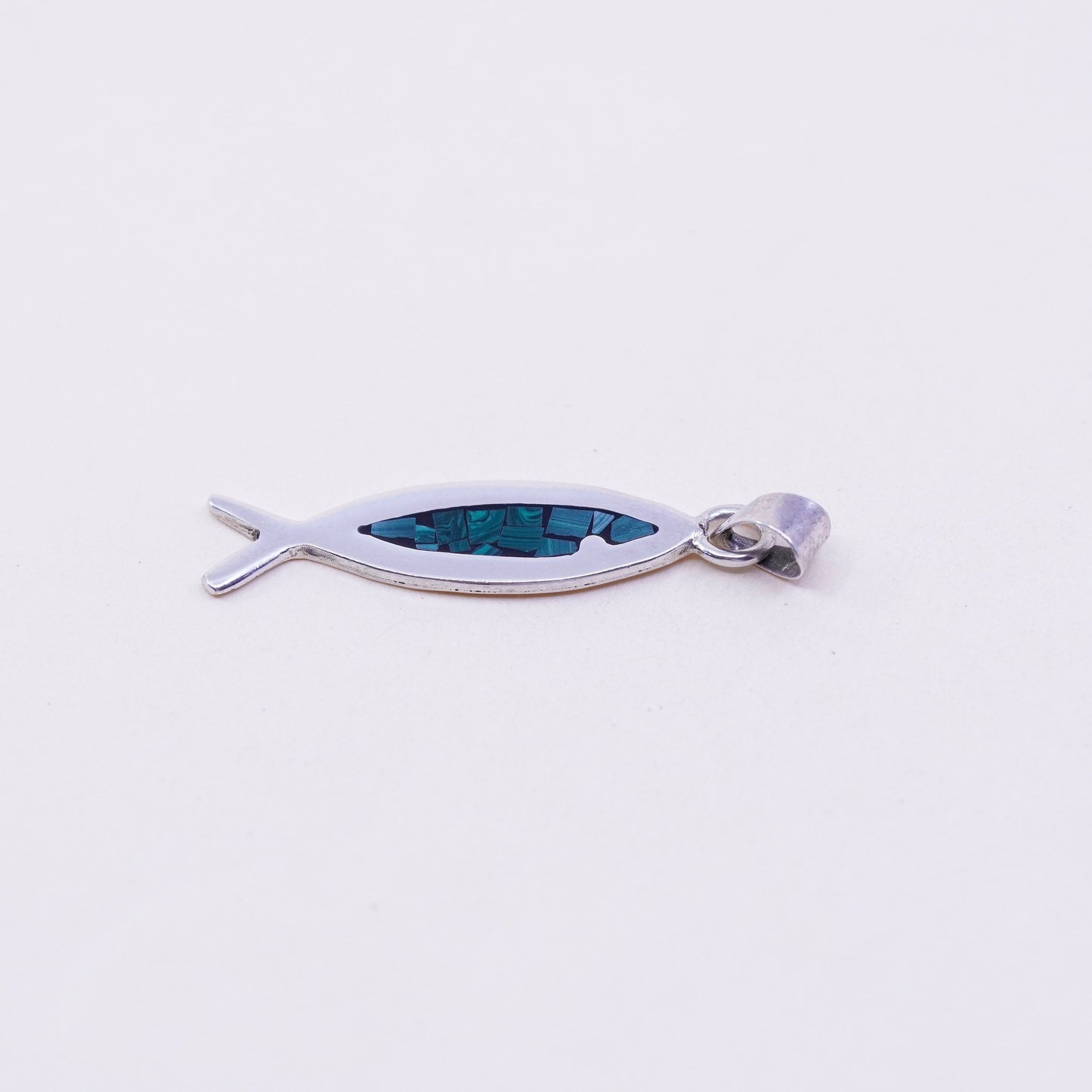 Vintage Mexico sterling silver handmade slide pendant, 925 fish with malachite