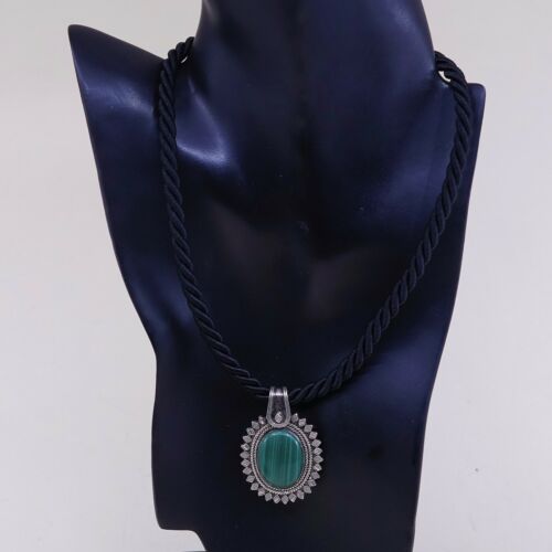 18” Michael dawkins Black Silk Chain W/ Sterling 925 Silver Malachite Necklace