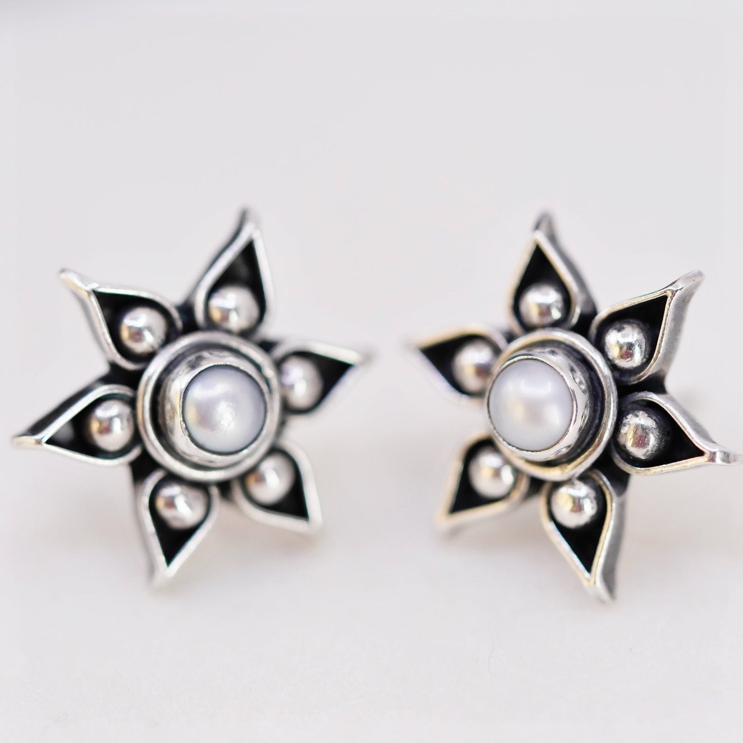 Sterling 925 silver handmade earrings, flower snowflake studs pearl beads