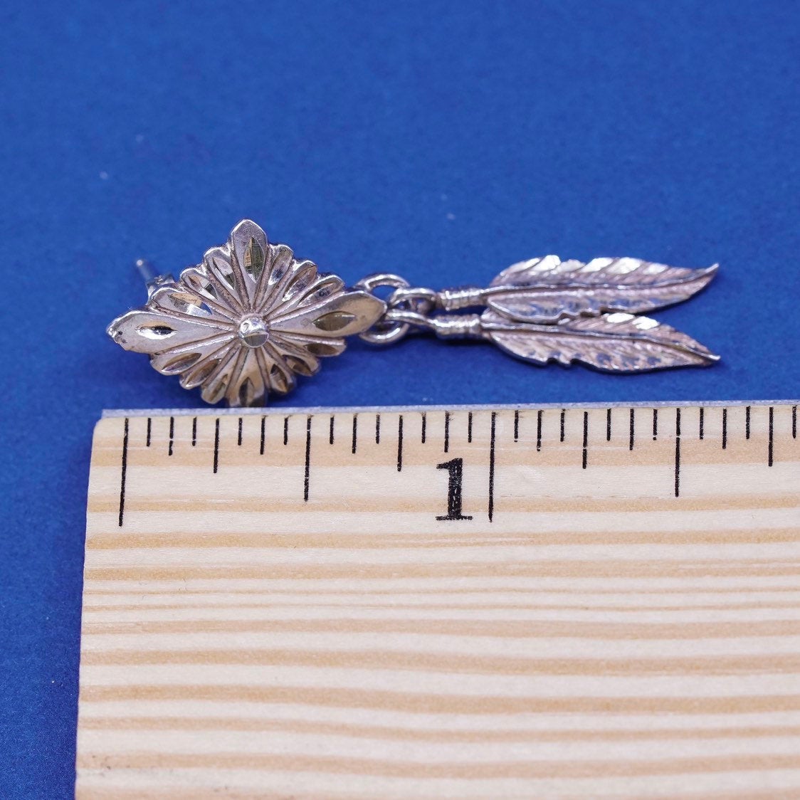 vtg Sterling silver handmade earrings, 925 studs w/ feather dangles