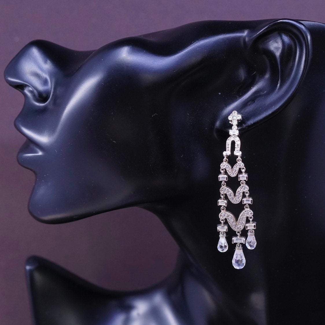 vtg CC Sterling silver handmade earrings, 925 w/ teardrop Swarovski crystal