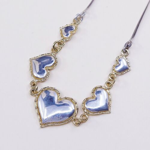 16”, 2mm, Vtg Two Tone Sterling Silver necklace W/ Heart Pendant, Stamped 925