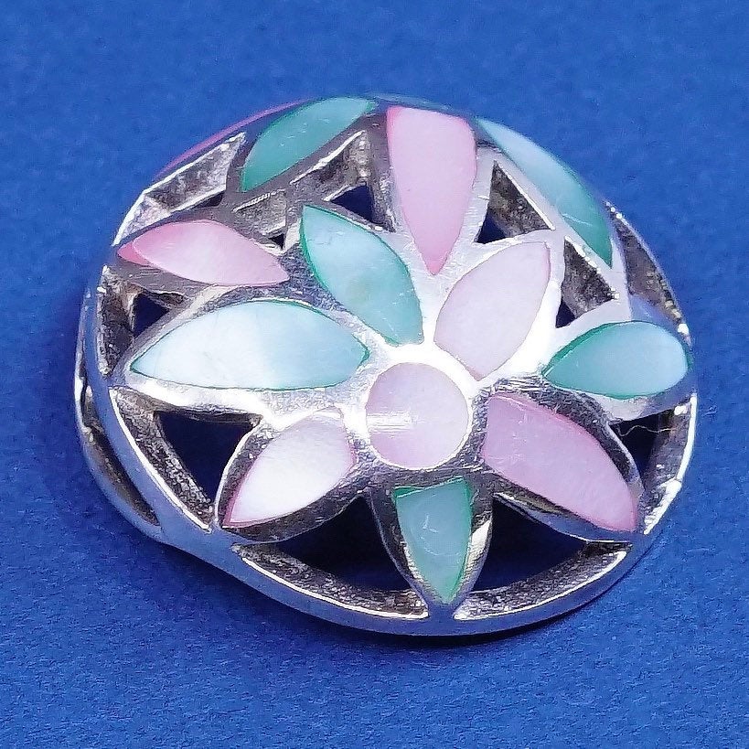 vtg Sterling 925 silver handmade pendant w/ pink and blue mother of pearl