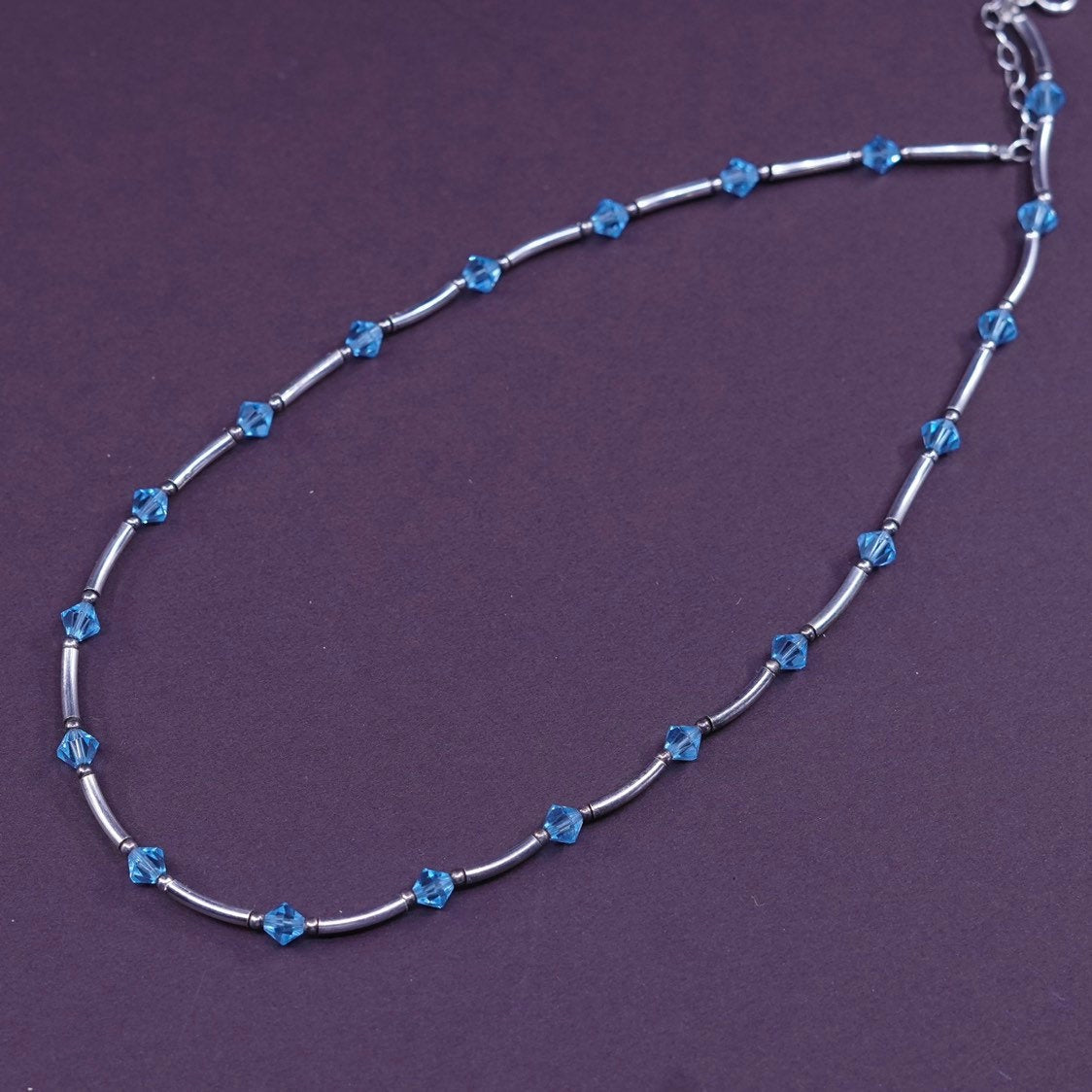 15"+3”, Sterling silver handmade necklace, 925 Bar w/ Swarovski blue bead