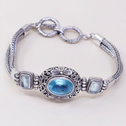 7.5”, Sterling Silver Handmade Bracelet, 925 Double Wheat Chain W/ Oval Topaz