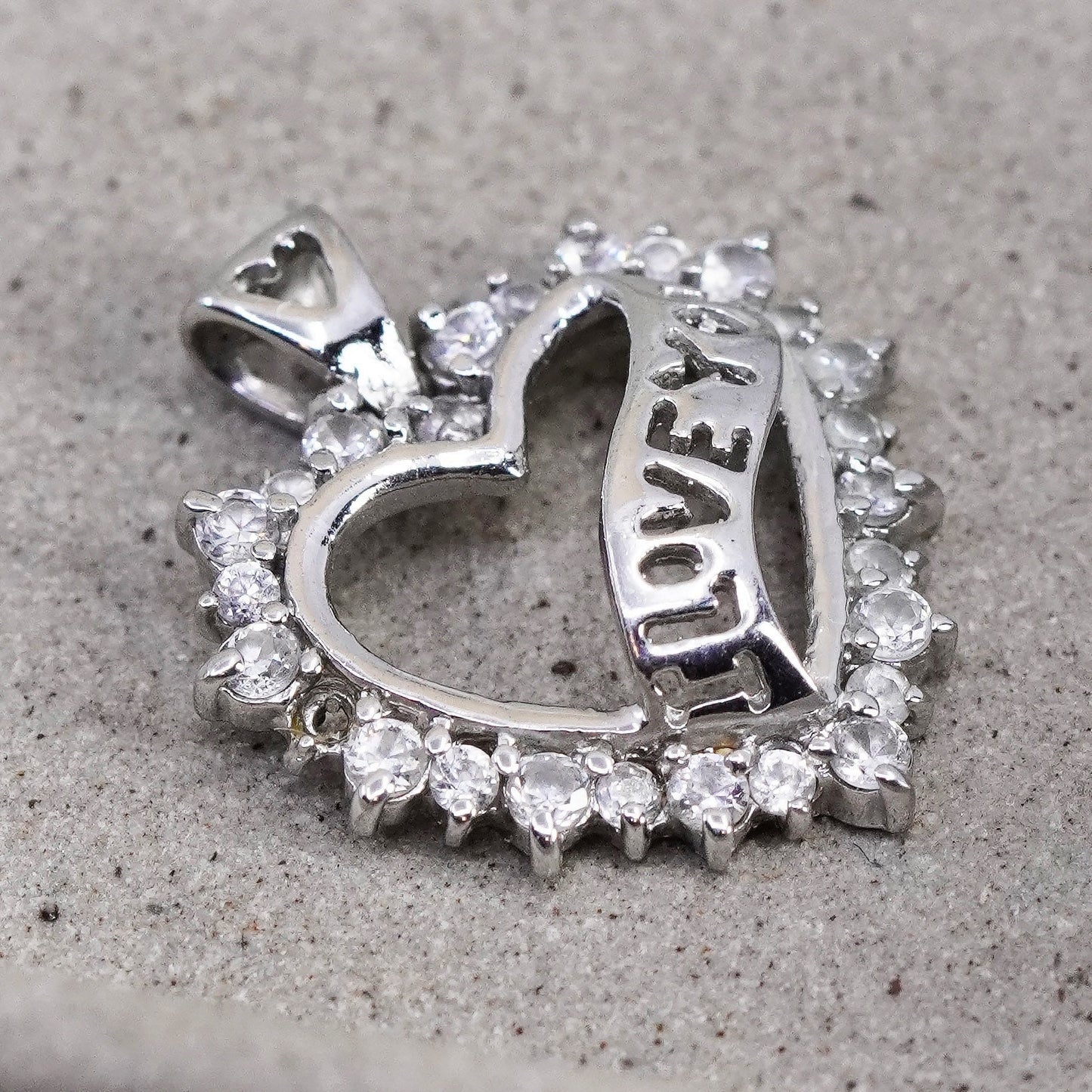 Vintage sterling 925 silver heart pendant with “love you” and Cz