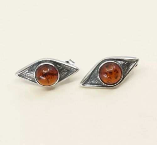 Vtg Sterling Silver Handmade Amber earrings, 925 silver Studs, Silver Tested