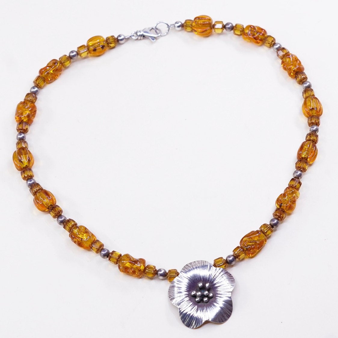 17”, vtg Handmade necklace, Sterling silver flower pendant honey amber nugget