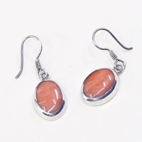 Vtg Sterling Silver handmade Earrings, 925 Silver W/ Orange Agate Inlay