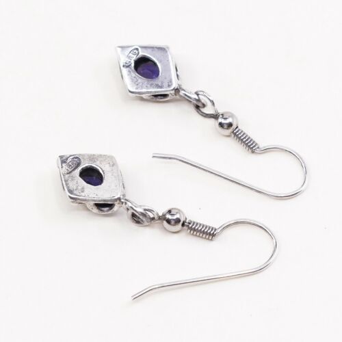 Vtg Sterling Silver Handmade Earrings, 925 Dangles W/ Amethyst Inlay