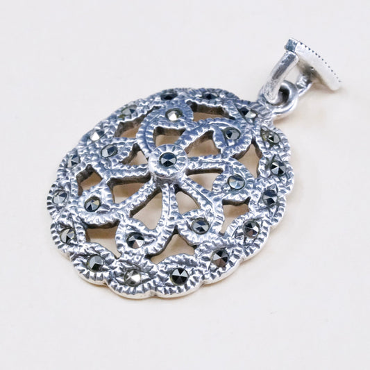 vintage sterling silver handmade pendant, Mexico 925 w/ marcasite oval pendant