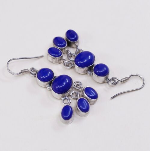 Vtg Sterling Silver Handmade Earrings W/ Blue Onyx Beads Dangles, Stamped 925