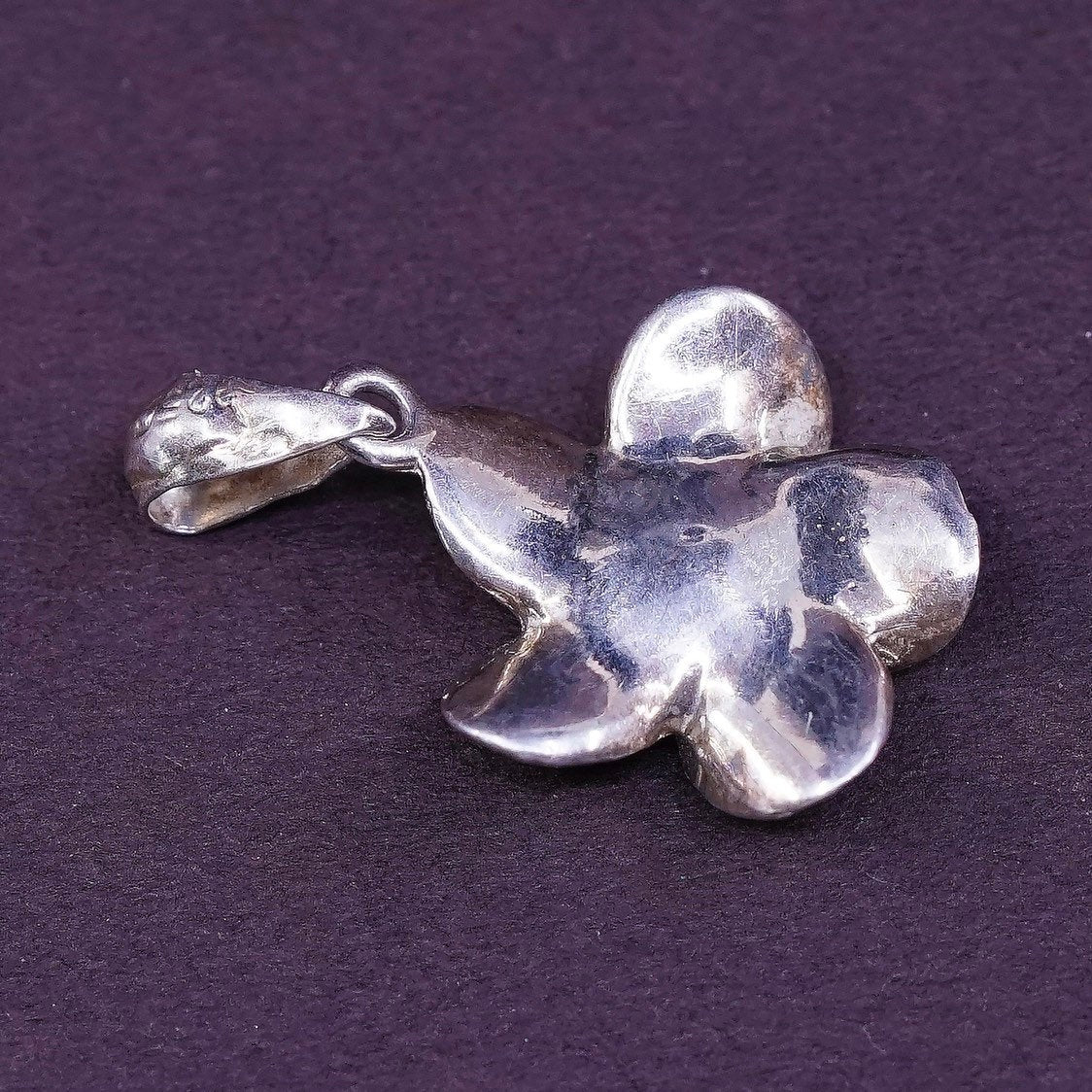 vtg Sterling silver handmade plumeria flower pendant, 925 charm w/ Cz