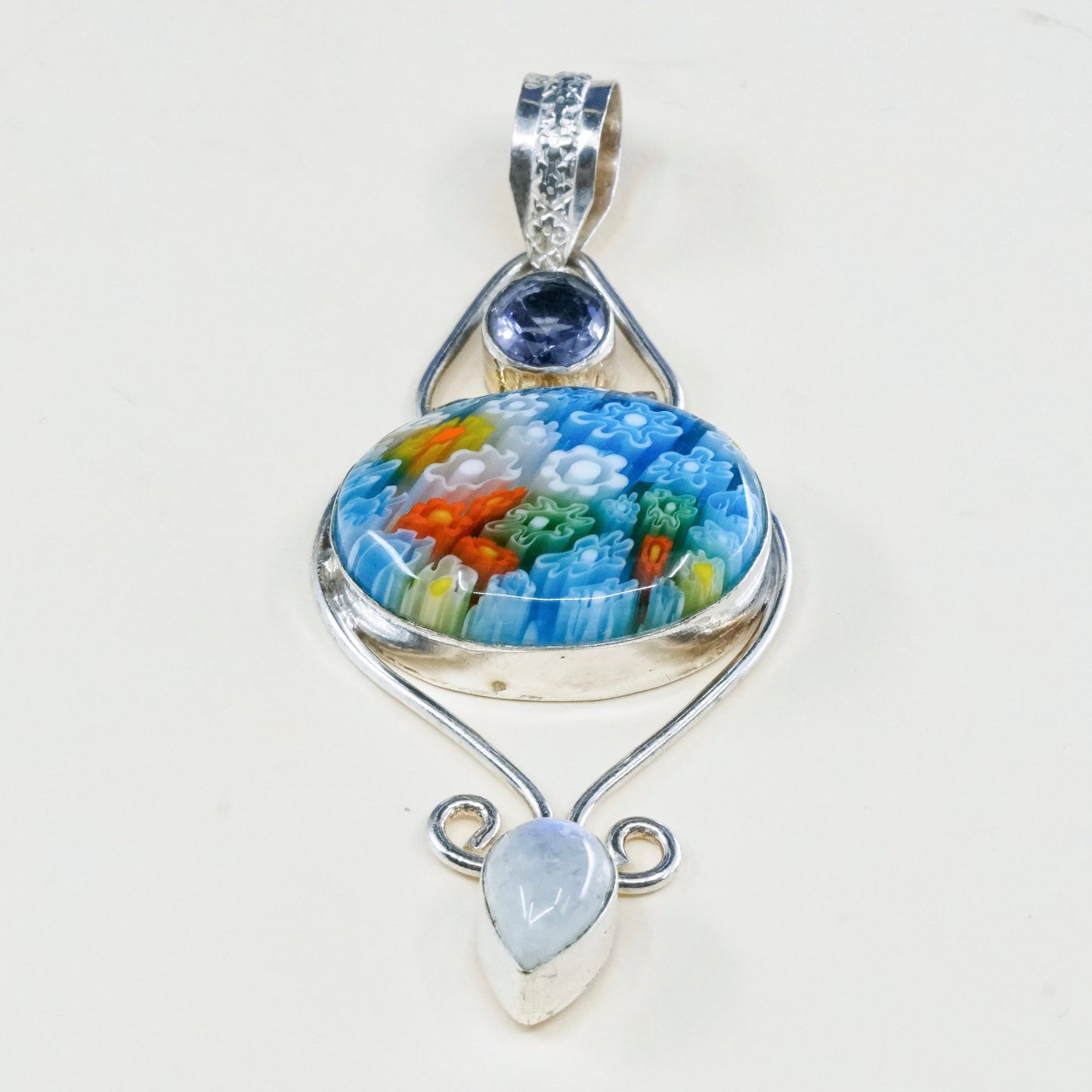 vtg handmade sterling 925 silver pendant, authentic murano glass with moonstone