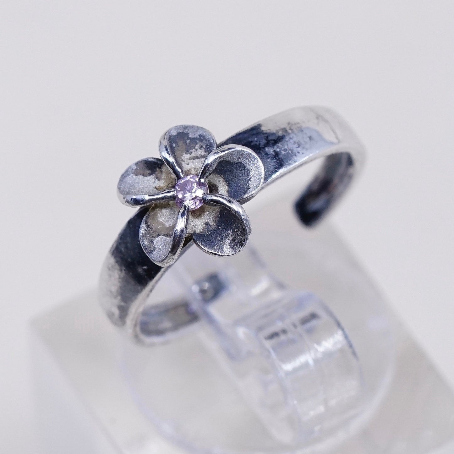 Size 4, Vintage sterling 925 silver plumeria flower with pink Cz ring